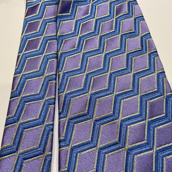 XMI Platinum Men's Tie Blue Purple Geometric Italian Silk Handmade in USA 60” - Picture 6 of 8